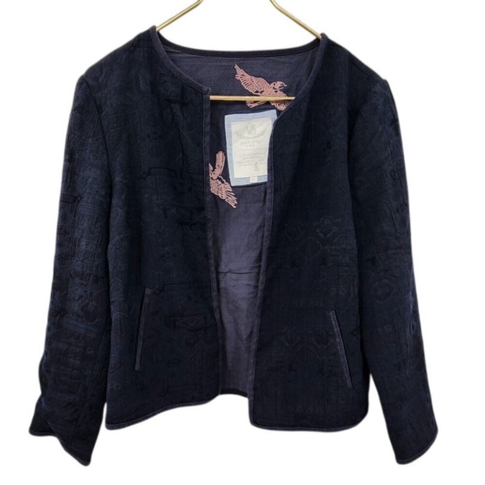 White Stuff Navy Blue Knit Tapestry Style Open‎ Front Cardigan Jacket Size 14
